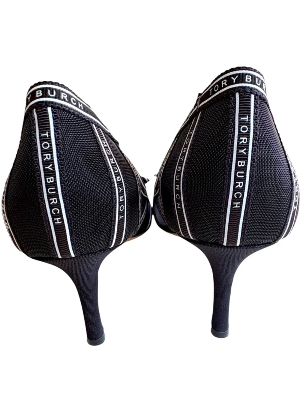 EUC Tory Burch Penelope Mesh Logo Pumps Black White Size 8.5 Retail $490.00
